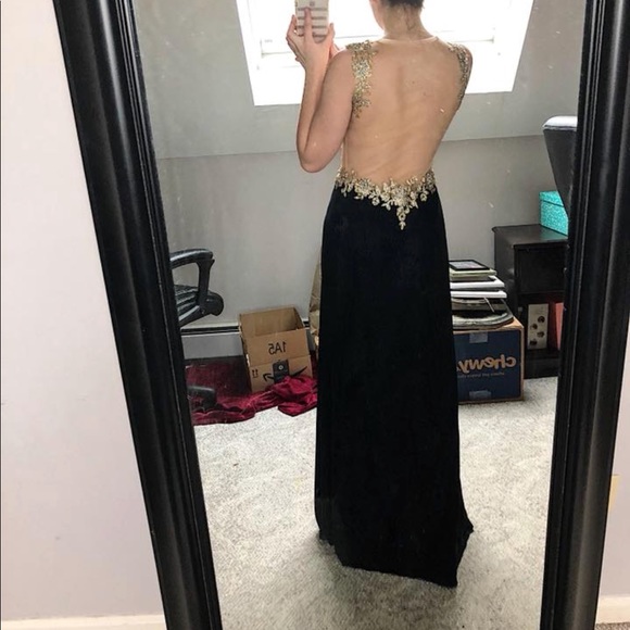 Black Prom Dress with Gold and Silver Embroidery - Picture 3 of 6